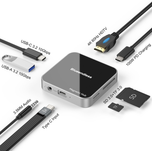 Magnetic 4K60Hz HD USB3.2 Hub PD Mobile Phone Notebook Magnetic Conversion Extender Type C USB Charging Hub Adapter Magnetic Multi-function Hub, 7 in