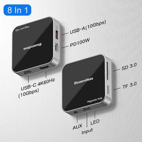 Magnetic 4K60Hz HD USB3.2 Hub PD Mobile Phone Notebook Magnetic Conversion Extender Type C USB Charging Hub Adapter Magnetic Multi-function Hub, 8 in