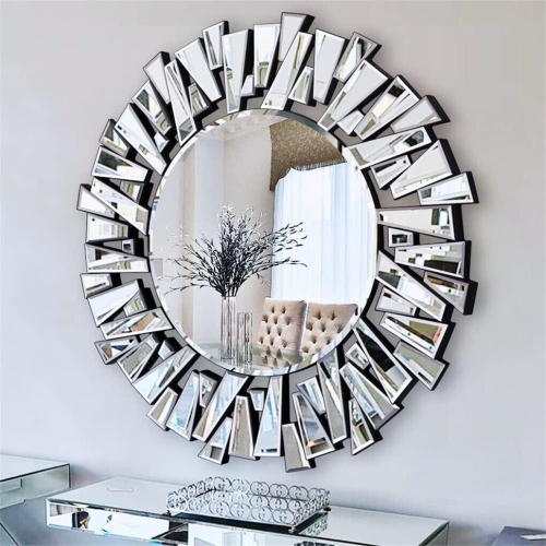 UNHO  32 Inch Round Wall Mirror for Decor, Large Decorative Mirror \w 3D Beveled Glass Frame, Modern Frameless Unique Wall Decor for Living Room