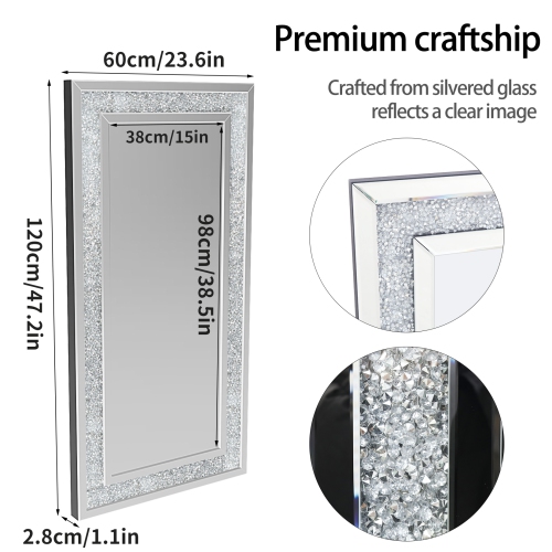 48 x 24 Inch Rectangular Wall Mirror Crystal Crushed Diamond Mirror for Home Decor Accent Mirror for Bathroom, Entryway and Bedroom
