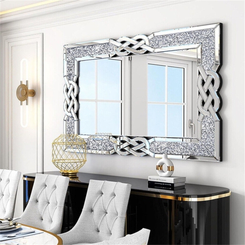 Crushed Diamond Wall Mirror, 40 x 28 Inch Rectangular Glass Silver Vanity with Decorative Glam Bling Crystal Frame Edge, Luxury Home Art Decor for
