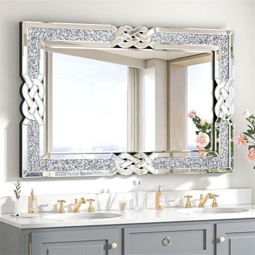 Crushed Diamond Wall Mirror, 40 x 28 Inch Rectangular Glass Silver Vanity with Decorative Glam Bling Crystal Frame Edge, Luxury Home Art Decor for