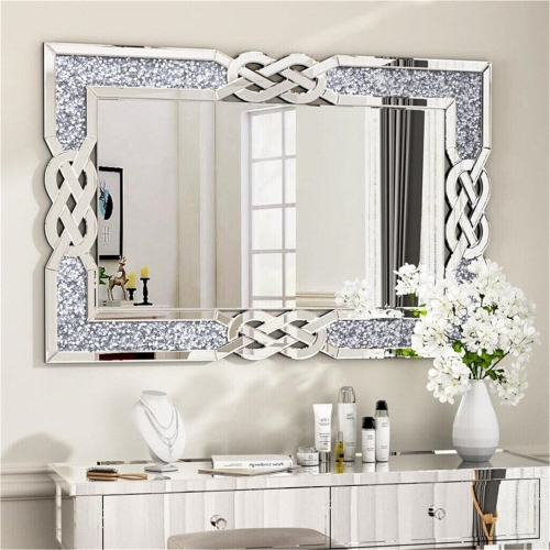 Crushed Diamond Wall Mirror, 40 x 28 Inch Rectangular Glass Silver Vanity with Decorative Glam Bling Crystal Frame Edge, Luxury Home Art Decor for