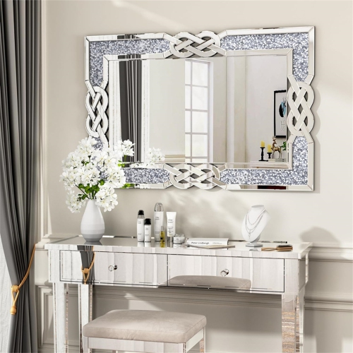 Crushed Diamond Wall Mirror, 40 x 28 Inch Rectangular Glass Silver Vanity with Decorative Glam Bling Crystal Frame Edge, Luxury Home Art Decor for