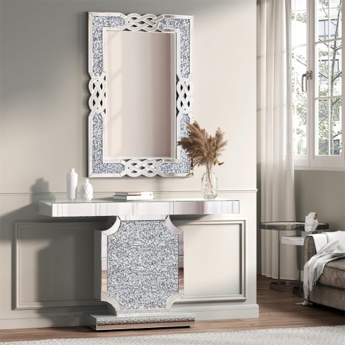 Crushed Diamond Wall Mirror, 40 x 28 Inch Rectangular Glass Silver Vanity with Decorative Glam Bling Crystal Frame Edge, Luxury Home Art Decor for