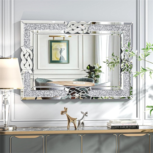 Crushed Diamond Wall Mirror, 36 x 24 Inch Rectangular Glass Silver Vanity with Decorative Glam Bling Crystal Frame Edge, Luxury Home Art Decor for