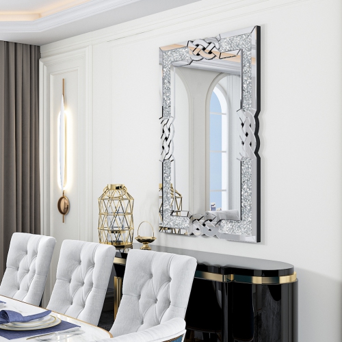 Crushed Diamond Wall Mirror, 36 x 24 Inch Rectangular Glass Silver Vanity with Decorative Glam Bling Crystal Frame Edge, Luxury Home Art Decor for