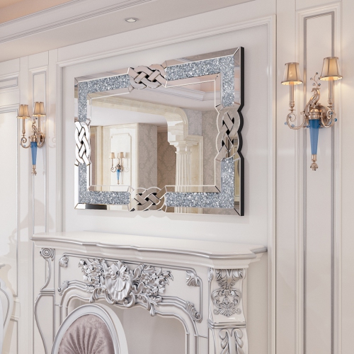 Crushed Diamond Wall Mirror, 36 x 24 Inch Rectangular Glass Silver Vanity with Decorative Glam Bling Crystal Frame Edge, Luxury Home Art Decor for