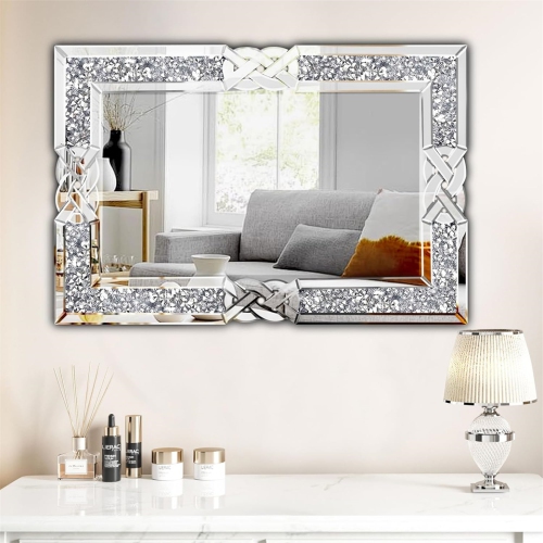 Crushed Diamond Wall Mirror, 36 x 24 Inch Rectangular Glass Silver Vanity with Decorative Glam Bling Crystal Frame Edge, Luxury Home Art Decor for