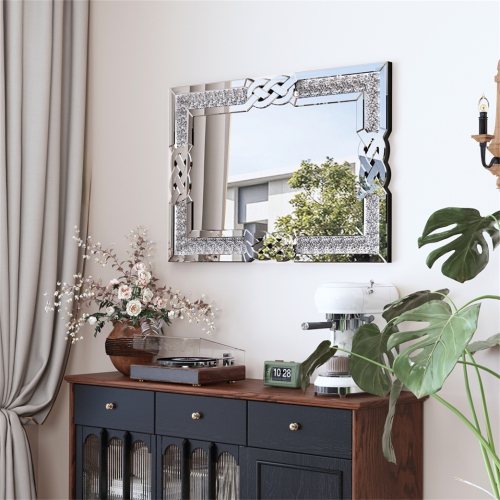 Crushed Diamond Wall Mirror, 36 x 24 Inch Rectangular Glass Silver Vanity with Decorative Glam Bling Crystal Frame Edge, Luxury Home Art Decor for