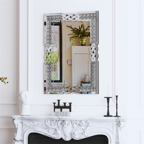 Crushed Diamond Wall Mirror, 36 x 24 Inch Rectangular Glass Silver Vanity with Decorative Glam Bling Crystal Frame Edge, Luxury Home Art Decor for