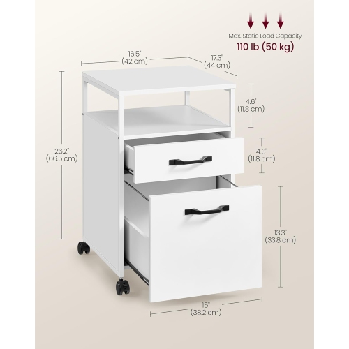 Classeur mobile VASAGLE à roulettes – 2 tiroirs, tablette ouverte, pour dossiers de format A4 et lettre, blanc nuage