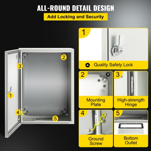 VEVOR 16'' x 12'' x 6'' Steel Electrical Box, Carbon Steel Hinged Junction Box, IP65 Weatherproof Metal Box Wall-Mounted Electronic Equipment