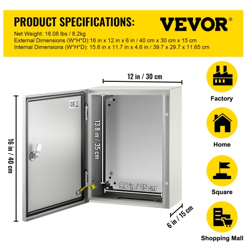 VEVOR 16'' x 12'' x 6'' Steel Electrical Box, Carbon Steel Hinged Junction Box, IP65 Weatherproof Metal Box Wall-Mounted Electronic Equipment