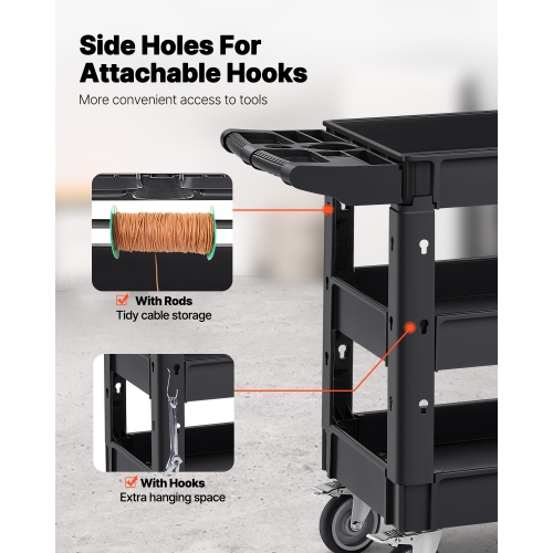 VEVOR 550 LBS Laod Utility Service Cart, 3 Shelf Heavy Duty Plastic Rolling Utility Cart with 360° Swivel Wheels, Ergonomic Storage Handle for