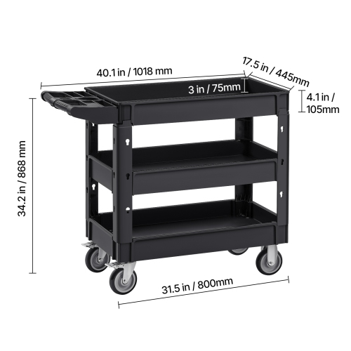 VEVOR 550 LBS Laod Utility Service Cart, 3 Shelf Heavy Duty Plastic Rolling Utility Cart with 360° Swivel Wheels, Ergonomic Storage Handle for