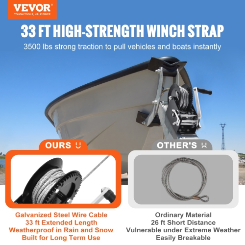 VEVOR 3500 lbs Hand Winch, Pulling Capacity, Boat Trailer Winch Heavy Duty Rope Crank with 33 ft Steel Wire Cable and Two-Way Ratchet, Manual