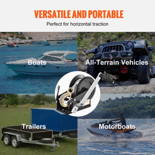 VEVOR 3500 lbs Hand Winch, Pulling Capacity, Boat Trailer Winch Heavy Duty Rope Crank with 33 ft Steel Wire Cable and Two-Way Ratchet, Manual