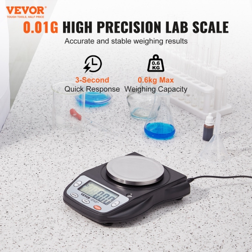 VEVOR 600g x 0.01g Analytical Balance, Accuracy High Precision Lab Scale, 6 Units Conversion Electronic Scientific Laboratory Scale, LCD Display