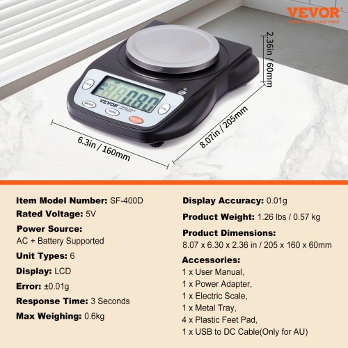 VEVOR 600g x 0.01g Analytical Balance, Accuracy High Precision Lab Scale, 6 Units Conversion Electronic Scientific Laboratory Scale, LCD Display