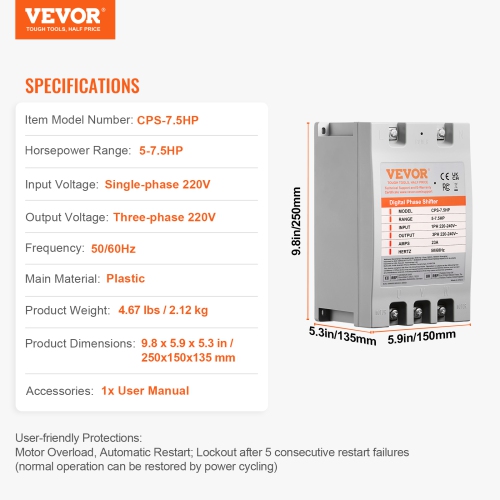 VEVOR 3 Phase Converter- 7.5HP 23A 220V Single Phase to 3 Phase Converter, Digital Phase Shifter for Residential, 220V-240V Input/Output