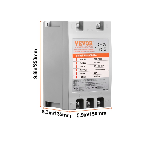 VEVOR 3 Phase Converter- 7.5HP 23A 220V Single Phase to 3 Phase Converter, Digital Phase Shifter for Residential, 220V-240V Input/Output