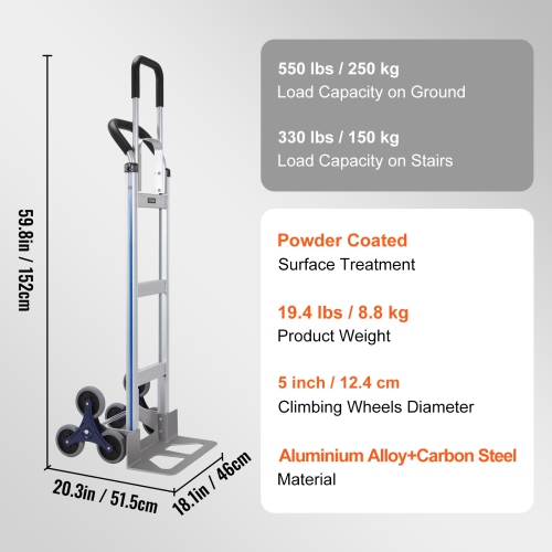 VEVOR 550 lbs Load Stair Climbing Cart, Aluminum Hand Truck Dolly with Dual Handles, Integrated Frame & Nonslip Rubber Wheels, Multipurpose Stair