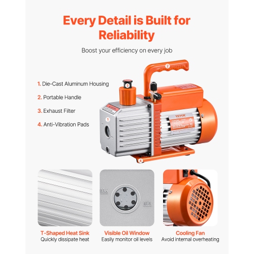 Pompe à vide VEVOR de 6 pi3/min, pompe à vide à aubes rotatives HVAC à 2 étapes, pour systèmes R134a R22 R410a, kit de pompe à vide automatique AC