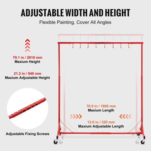 VEVOR 5 ft-7 ft Painting Rack, Adjustable Height, 66 lbs Capacity Automotive Paint Rack Stand, 8 Hooks Painting Drying Rack with 4 Swiveling Wheels,