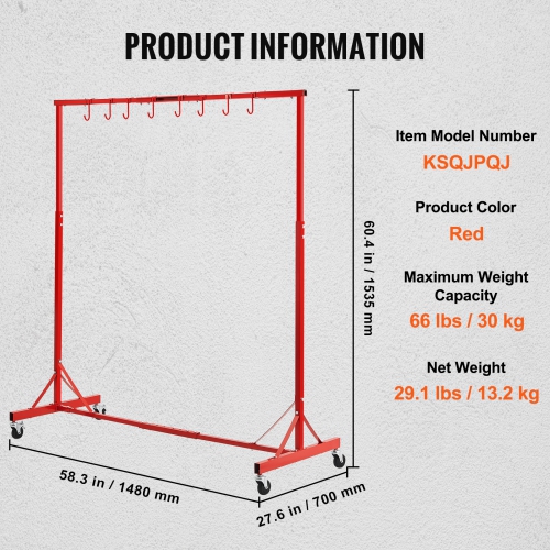 VEVOR 5 ft-7 ft Painting Rack, Adjustable Height, 66 lbs Capacity Automotive Paint Rack Stand, 8 Hooks Painting Drying Rack with 4 Swiveling Wheels,