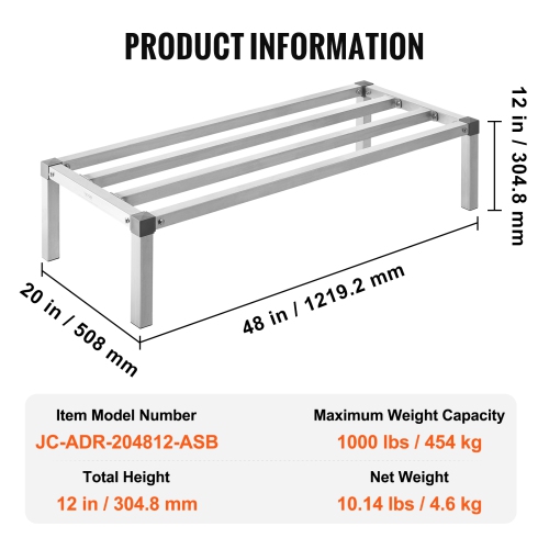 VEVOR 48” x 20” Aluminum Dunnage Rack, Commercial Food Floor Rack, 12” Off the Floor, 1000 lbs Capacity All-Welded Aluminum Storage Rack, for Storage