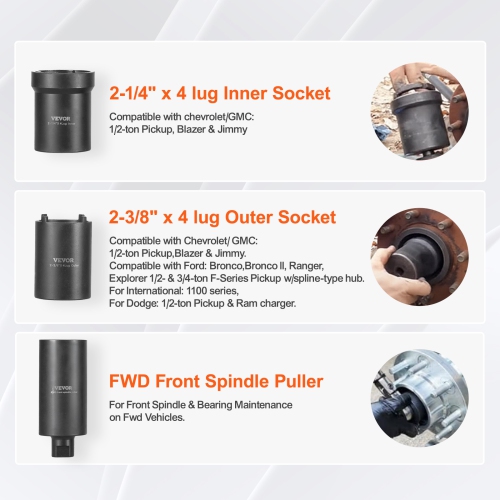 VEVOR 1/2 inch Spindle Nut Socket Tool Kit, Drive 6 Piece Axle Hub Nut Socket Set, for Ford, 4WD Vehicles and GM Vehicles, with Storage Case, Axle