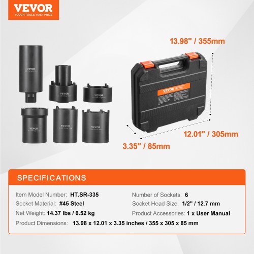 VEVOR 1/2 inch Spindle Nut Socket Tool Kit, Drive 6 Piece Axle Hub Nut Socket Set, for Ford, 4WD Vehicles and GM Vehicles, with Storage Case, Axle
