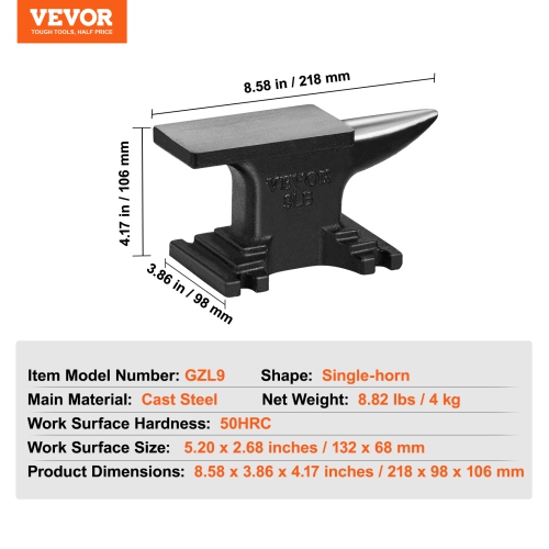 VEVOR 8.8Lbs Cast Steel Anvil, Single Horn Anvil, High Hardness Rugged Round Horn Anvil Blacksmith, Compact Design and Stable Base, Forge Tools and