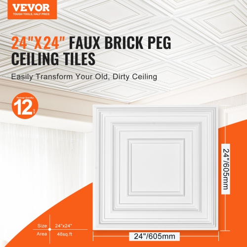 VEVOR 12-Pack Ceiling Tiles, 24 x 24 in, Drop Ceiling Tiles Premium PVC Sheet, Easy Installation/ Cutting Plastic Glue-up Ceiling Tile, Ceiling