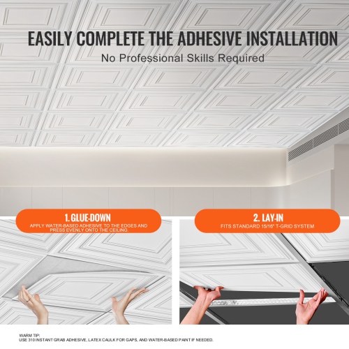 VEVOR 12-Pack Ceiling Tiles, 24 x 24 in, Drop Ceiling Tiles Premium PVC Sheet, Easy Installation/ Cutting Plastic Glue-up Ceiling Tile, Ceiling