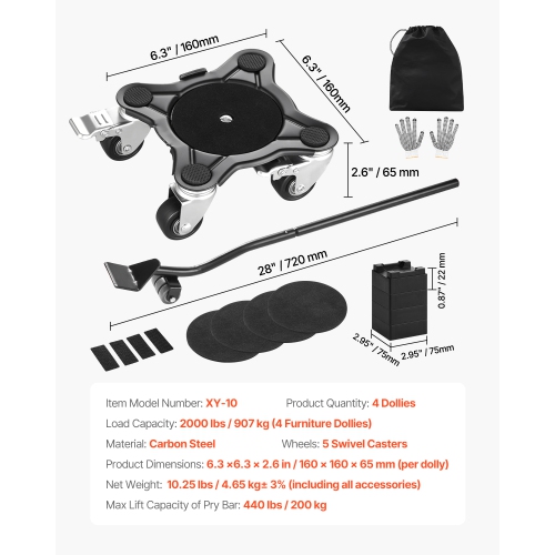 VEVOR Furniture Dolly, Maximum Load 1200 lbs, Heavy Duty Furniture Movers with 5 360° Rotation Wheels, Carbon Steel Panel, Furniture Lift Slider Tool