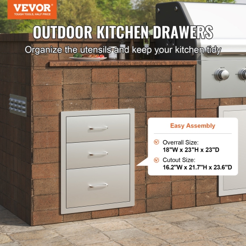 VEVOR 18 x23 x 23 Inch Outdoor Kitchen Stainless Steel Triple Access BBQ Drawers with Chrome Handle