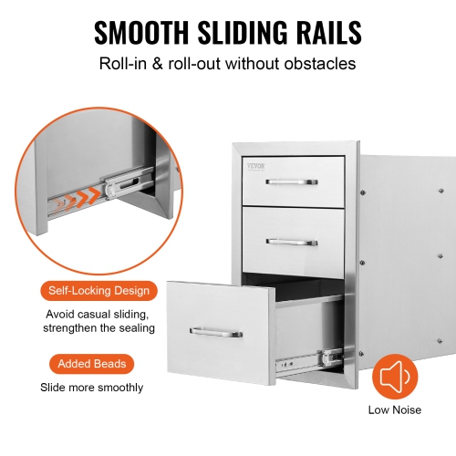 VEVOR 18 x23 x 23 Inch Outdoor Kitchen Stainless Steel Triple Access BBQ Drawers with Chrome Handle