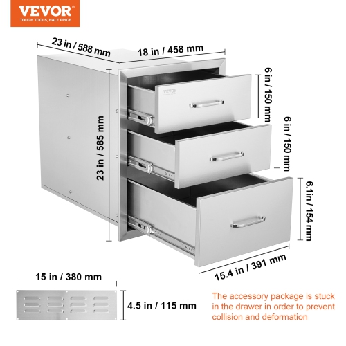 VEVOR 18 x23 x 23 Inch Outdoor Kitchen Stainless Steel Triple Access BBQ Drawers with Chrome Handle