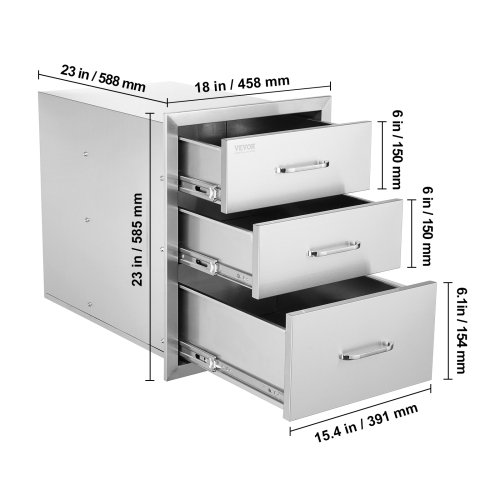 VEVOR 18 x23 x 23 Inch Outdoor Kitchen Stainless Steel Triple Access BBQ Drawers with Chrome Handle