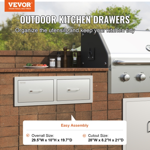 Tiroirs de cuisine pour l'extérieur VEVOR 30&nbsp;W x 10 H x 20 P, deux tiroirs horizontaux d'accès pour barbecue en acier inoxydable avec poignée,