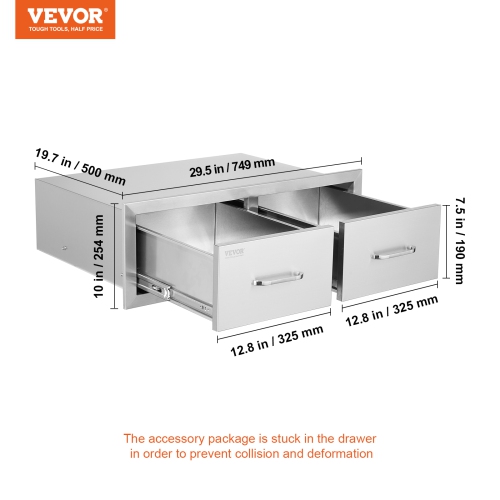 Tiroirs de cuisine pour l'extérieur VEVOR 30&nbsp;W x 10 H x 20 P, deux tiroirs horizontaux d'accès pour barbecue en acier inoxydable avec poignée,