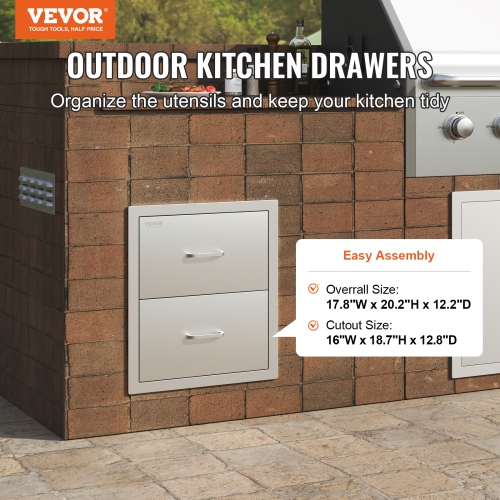 VEVOR 18W x 20.6H x 12.7D Inch Outdoor Kitchen Drawers, Flush Mount Double BBQ Drawers Stainless Steel with Handle, BBQ Island Drawers for Outdoor
