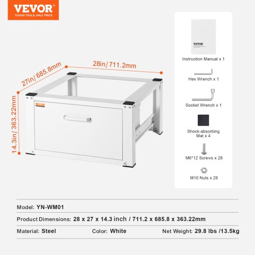 VEVOR 27" W x 14.4" H Laundry Pedestal, Washer And Dryer Base Stand Platform Universal Fit 660lbs Capacity, Heavy Duty Multi-Functional Base for