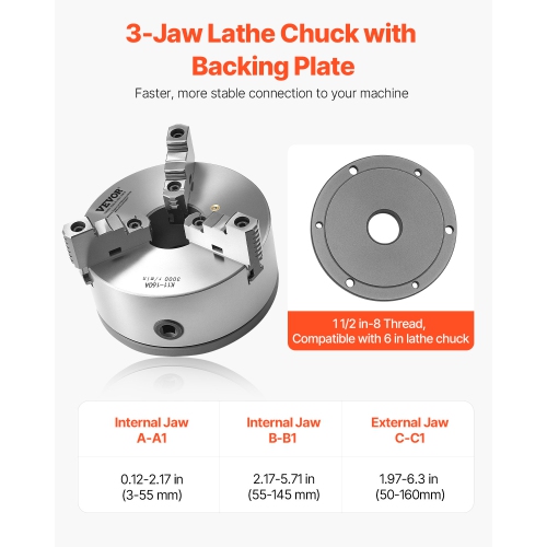 VEVOR 3-Jaw Lathe Chuck, 6 Inch, Self-Centering Chuck with 1 1/2 in-8 Threaded Backing Plate, 0.12-5.71 in (3-145 mm) Clamping Range with T-wrench