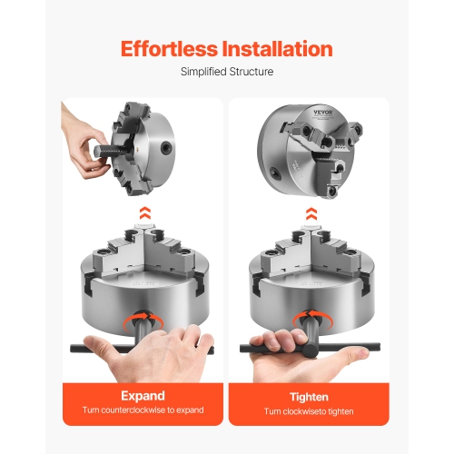 VEVOR 3-Jaw Lathe Chuck, 6 Inch, Self-Centering Chuck with 1 1/2 in-8 Threaded Backing Plate, 0.12-5.71 in (3-145 mm) Clamping Range with T-wrench