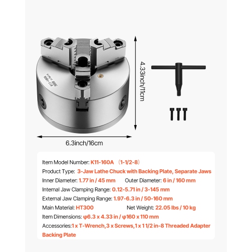 VEVOR 3-Jaw Lathe Chuck, 6 Inch, Self-Centering Chuck with 1 1/2 in-8 Threaded Backing Plate, 0.12-5.71 in (3-145 mm) Clamping Range with T-wrench