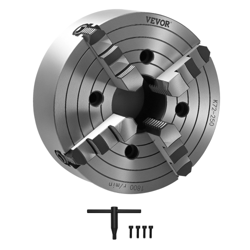VEVOR 4-Jaw Lathe Chuck, 10 Inch, Self-Centering Chuck, 0.6-9.84 in (15-250 mm) Clamping Range with T-key Fixing Screws Reversible Jaws,HT300