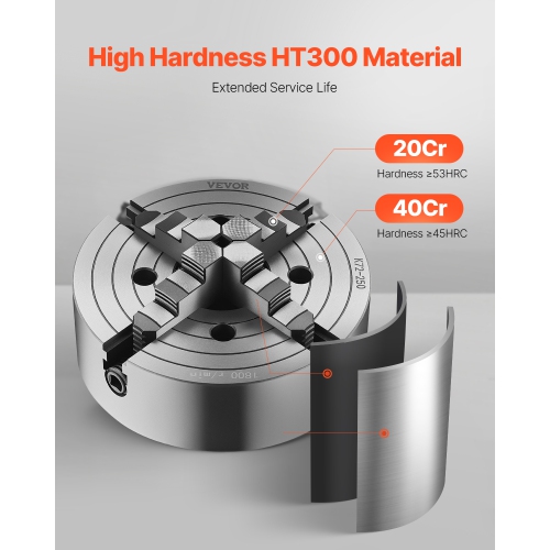 VEVOR 4-Jaw Lathe Chuck, 10 Inch, Self-Centering Chuck, 0.6-9.84 in (15-250 mm) Clamping Range with T-key Fixing Screws Reversible Jaws,HT300